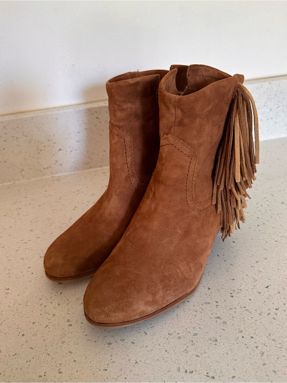 Sam Edelman Louie Saddle Suede Fringe Tassel Ankle Booties 10.5M Western Boho - Picture 10 of 11